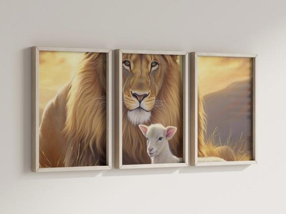 Kit 3 Quadros Decorativos Moldura Leão e Ovelha Bom Pastor