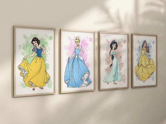 Kit 4 Quadros Decorativos Moldura Princesas