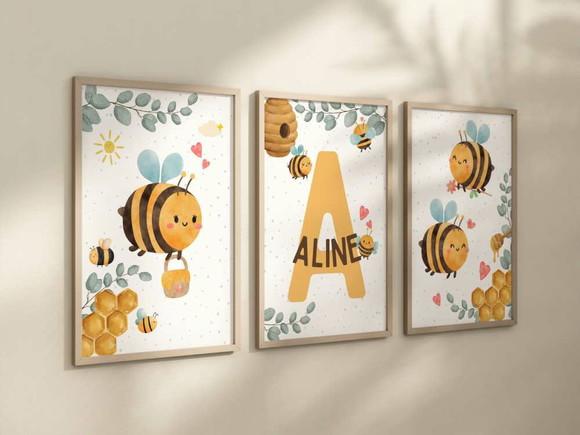 Kit 3 Quadros Decorativo Moldura Abelhinha Maternidade A4