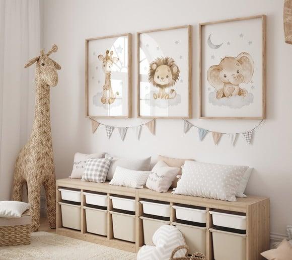 Kit 3 Quadros Decorativos Moldura Bebe Safari Animal A3
