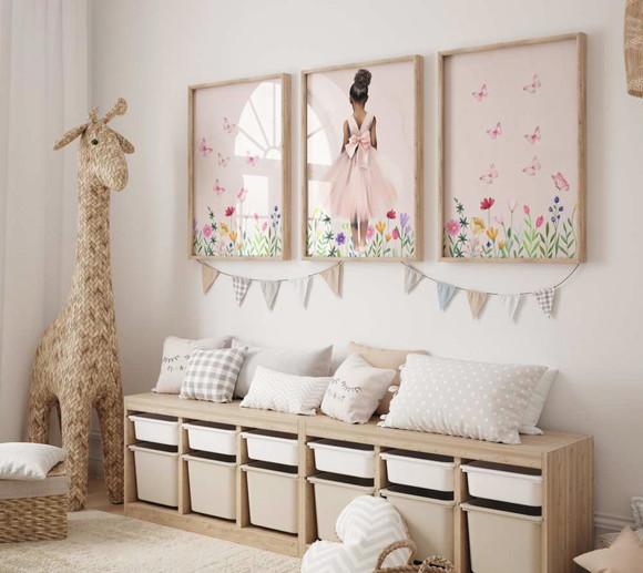 Kit 3 Quadros Decorativos com Moldura Bailarina Menina Balé