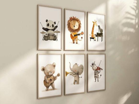 Kit 6 Quadros Decorativos Moldura Animais Musicais A4