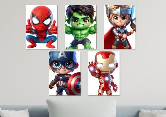 Kit 5 Placas Decorativas Quadro Super-heróis Vingadores Baby
