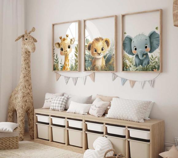 Kit 3 Quadros Decorativos Moldura Safari Infantil A3 34x44
