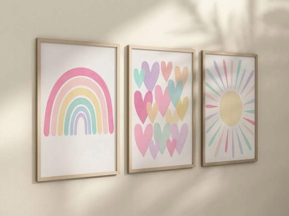 Kit 3 Quadros Boho Arco-iris Coração Sol Infantil Decora