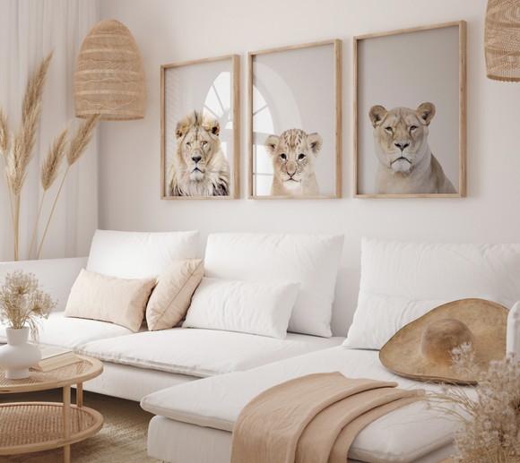 Kit 3 Quadros Decorativos Moldura Leão Leoa Filhote A3
