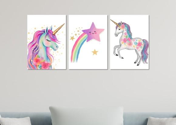 Kit 3 Placas Decorativas Quadro Unicórnio Decorar