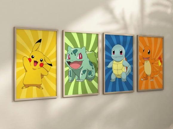 Kit 4 Quadros Decorativos Moldura Pokémon Decorar A4 Arte