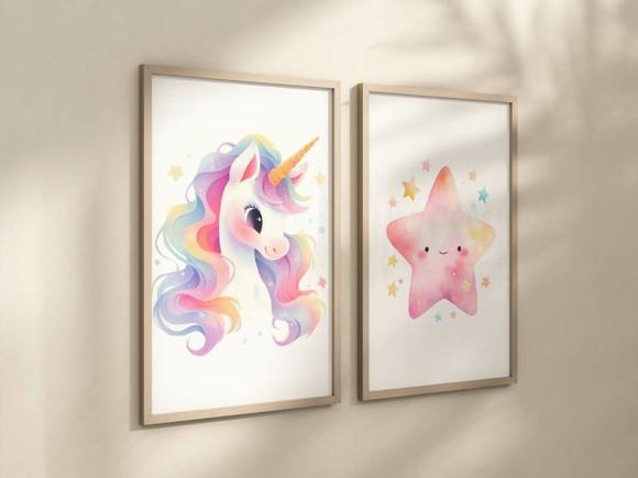 Kit 2 Quadros Decorativos Moldura Unicórnio Infantil Decorar