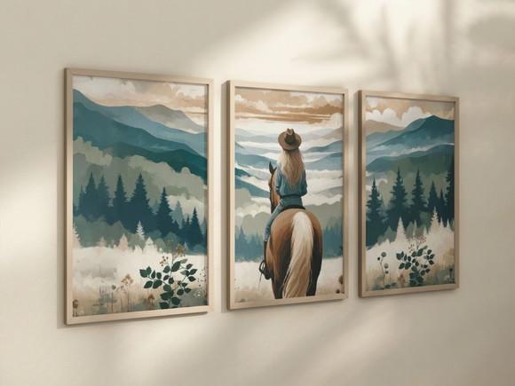 Kit 3 Quadros Decorativo Menina Aventureira Cavalo Arte
