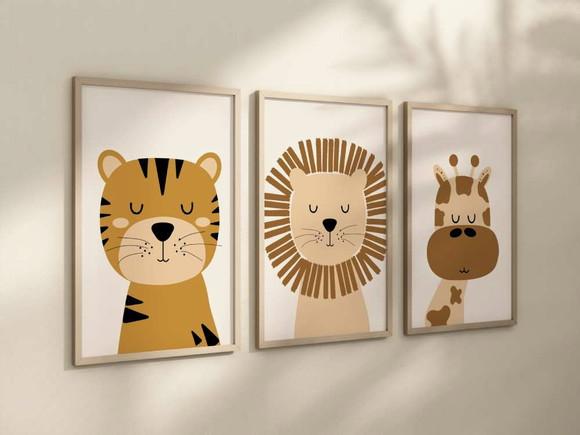 Kit 3 Quadros Decorativos Moldura Bebe Safari Animal Boho A4
