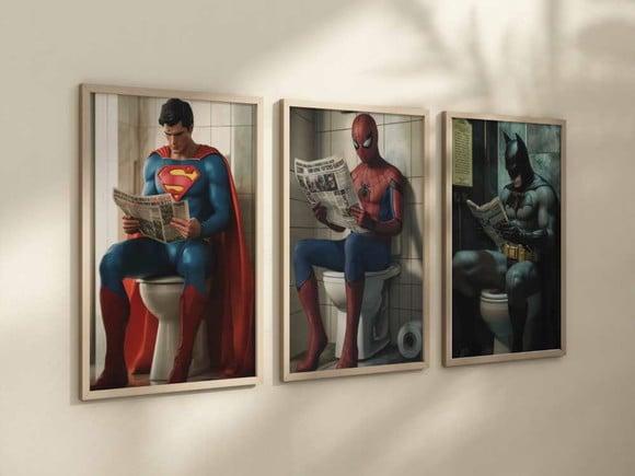 Kit 3 Quadros Decorativos Super-heróis Banheiro Engraçada A4