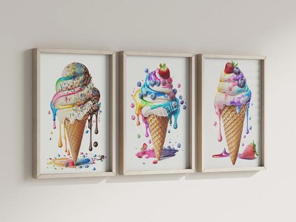 Kit 3 Quadros Decorativos Moldura Sorvete Casquinha