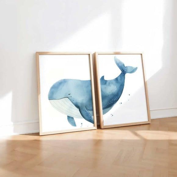 Kit 2 Quadros Decorativo Moldura Baleia Quarto Infantil Bebê
