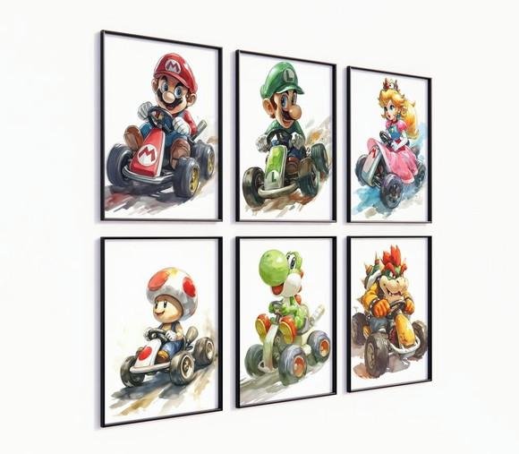 Kit 6 Quadros Decorativos Moldura Mario Kart Corrida