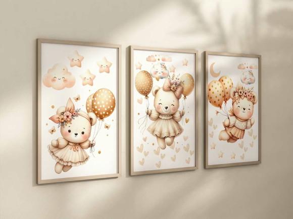 Kit 3 Quadros Decorativos Moldura Ursinha Pelúcia Menina B
