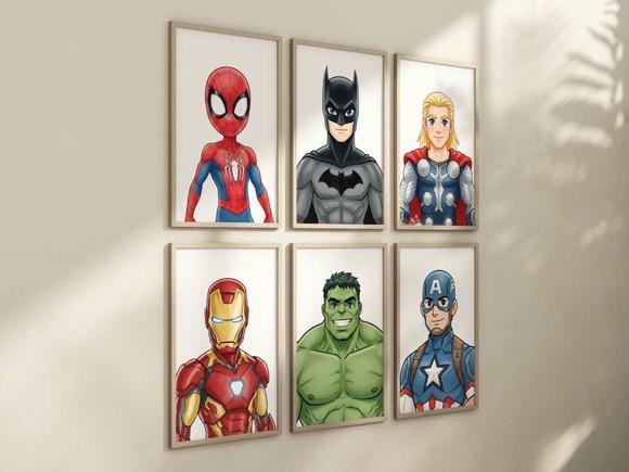 Kit 6 Quadros Decorativos Moldura Super-herói Menino A4