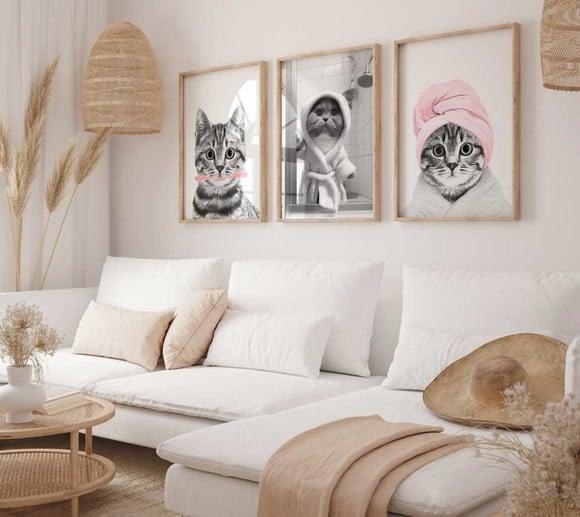 Kit 3 Quadros Decorativos Moldura Gato Banho Banheiro