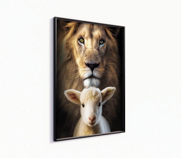 Quadro Decorativo com Moldura Leão e Ovelha Bom Pastor
