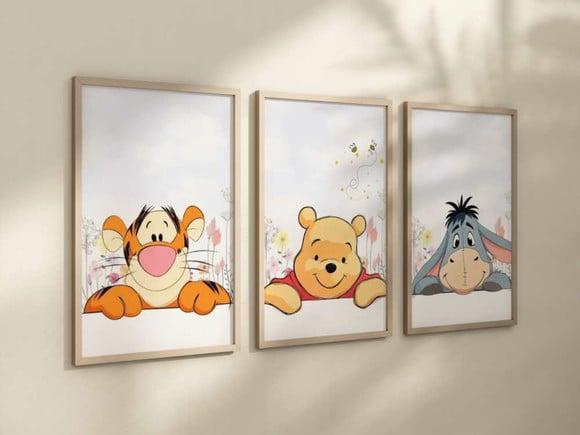 Kit 3 Quadros Decorativos Moldura Ursinho Pooh Decoração A4