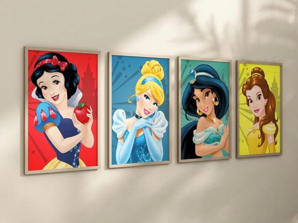 Kit 4 Quadros Decorativos Moldura Princesas A4