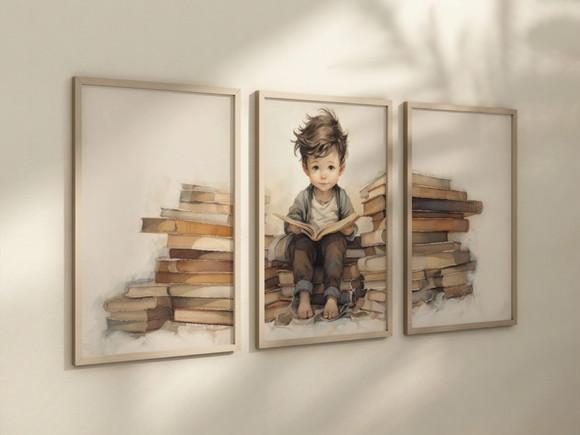 Kit 3 Quadros Decorativo Menino Aventureiro Livros Berçário