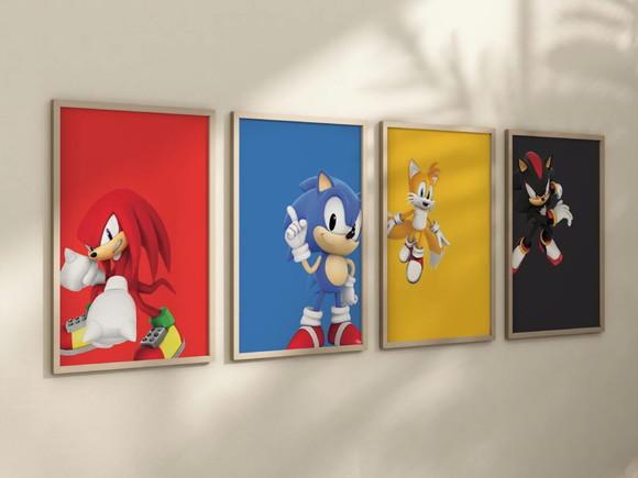 Kit 4 Quadros Decorativo Moldura Sonic Tails Knuckles Shadow