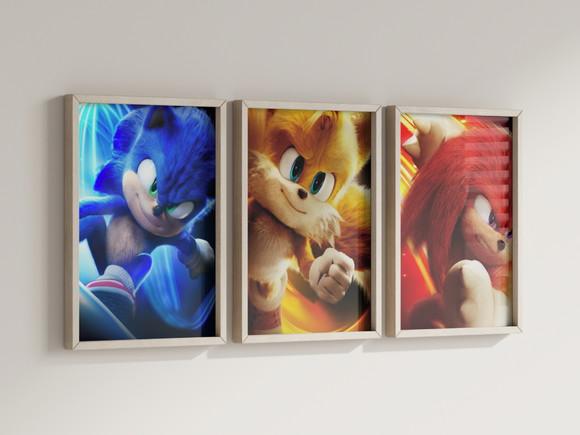 Kit 3 Quadros Decorativos Moldura Sonic Tails Knuckles Filme