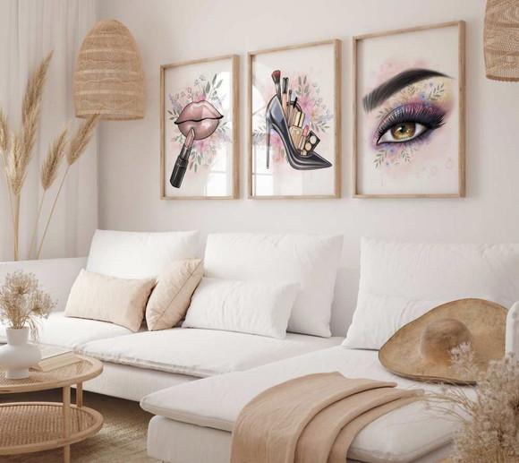 Kit 3 Quadros Moldura Maquiagem Salão de Beleza A3 34x44