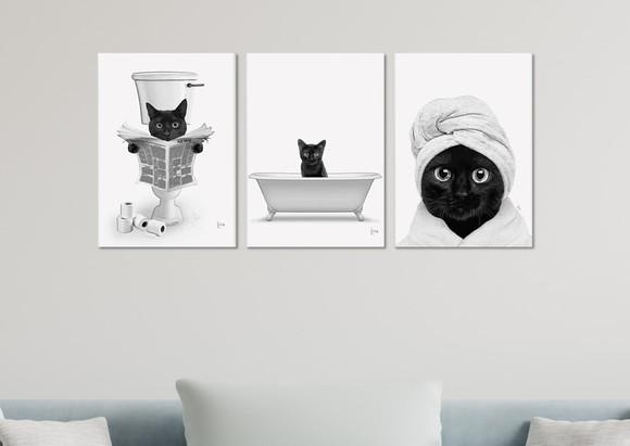 Kit 3 Placas Decorativas Quadro Gato Banho Banheiro