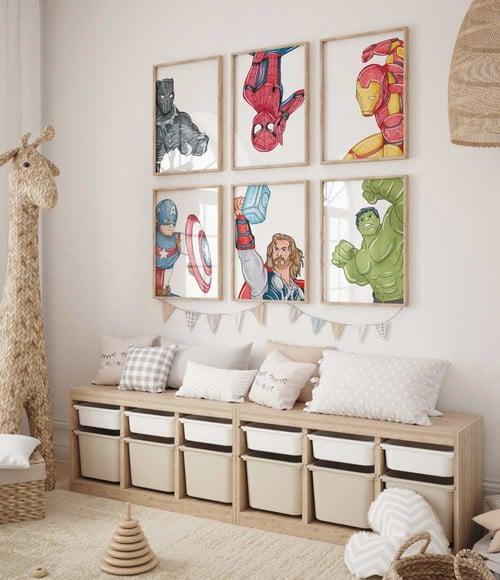 Kit 6 Quadros Decorativos Moldura Super-heróis Desenho A3