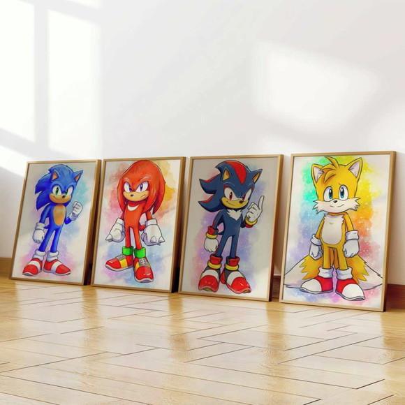 Kit 4 Quadros c/ Moldura Sonic Personagens Artes A3