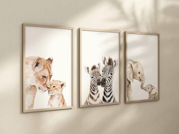 Kit 3 Quadros Decorativos Safari Filhote e Mãe Berçário A4