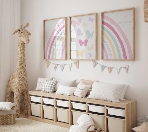 Kit 3 Quadros Boho Arco-iris Borboleta Decora A3