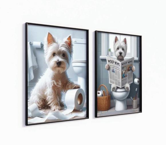 Kit 2 Quadros Decorativo Moldura Cachorro Banheiro