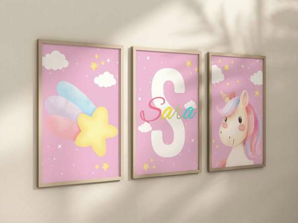 Kit 3 Quadros Moldura Unicórnio Estrelinha Berçário A4 24x34