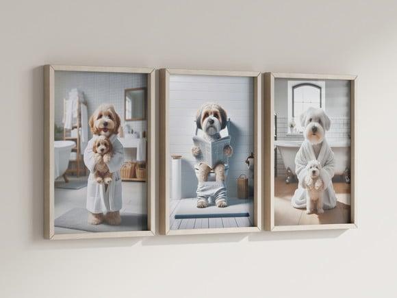 Kit 3 Quadros Decorativo Moldura Cachorro Banheiro