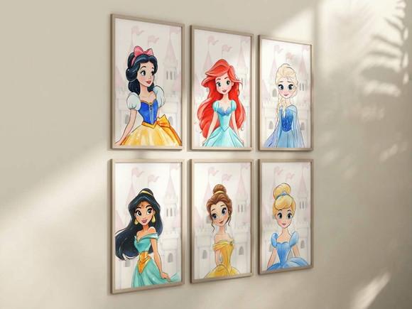 Kit 6 Quadros Decorativo Moldura Princesas Moderna A4