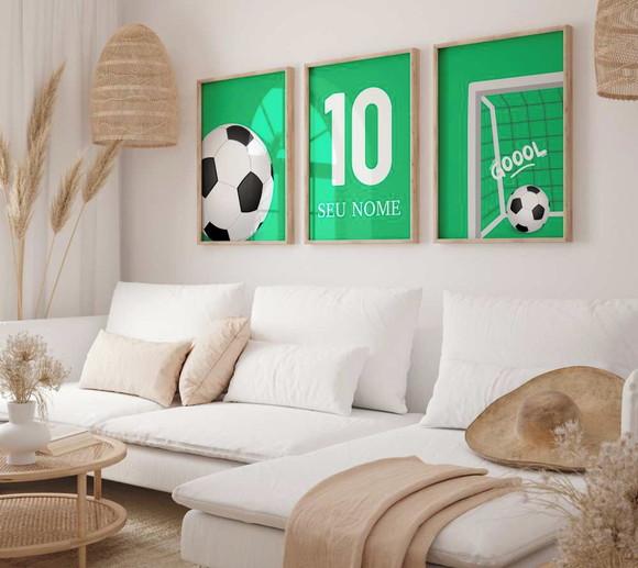 Kit 3 Quadros Decorativos Futebol Nome Verde Branco A3