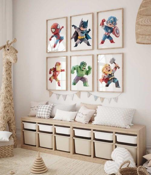Kit 6 Quadros Decorativos Moldura Super-heróis Origami A3