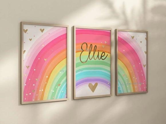 Kit 3 Quadros Boho Arco-iris Coração Infantil Decorar Nome