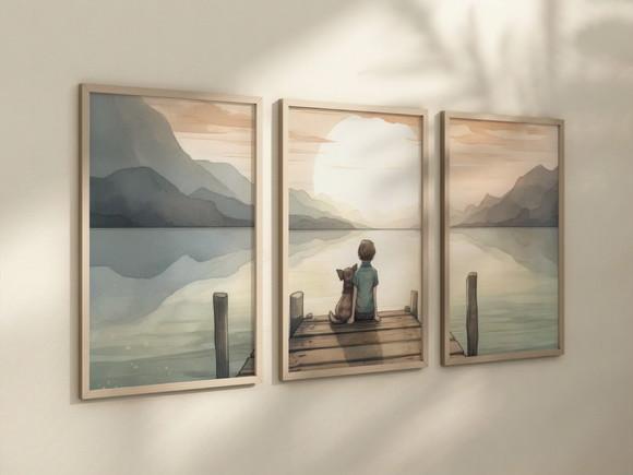 Kit 3 Quadros Decorativo Menino Aventureiro Cachorro