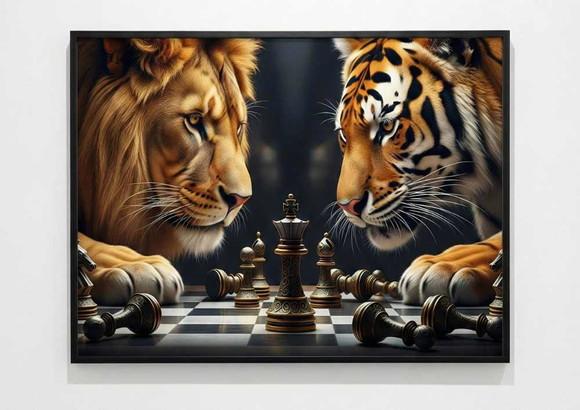 1 Quadro Decorativo Leão e Tigre Jogando Xadrez A2 40x60