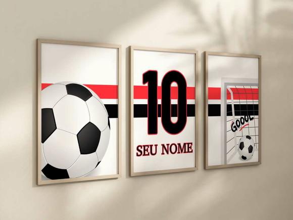 Kit 3 Quadros Futebol Nome Branco Vermelho Preto A4 24x34