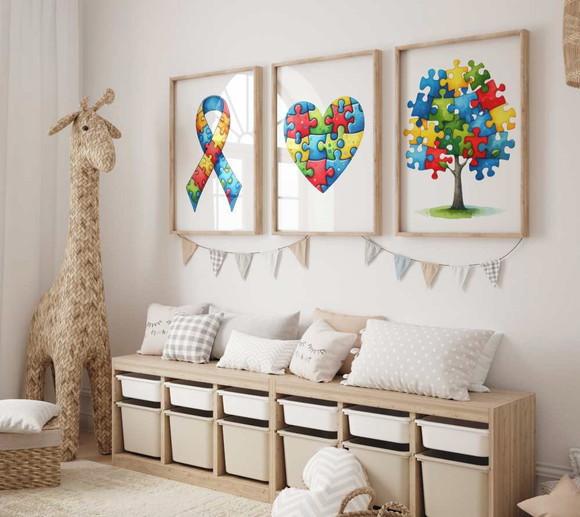 Kit 3 Quadros Decorativos Moldura Consciência Autismo Decora