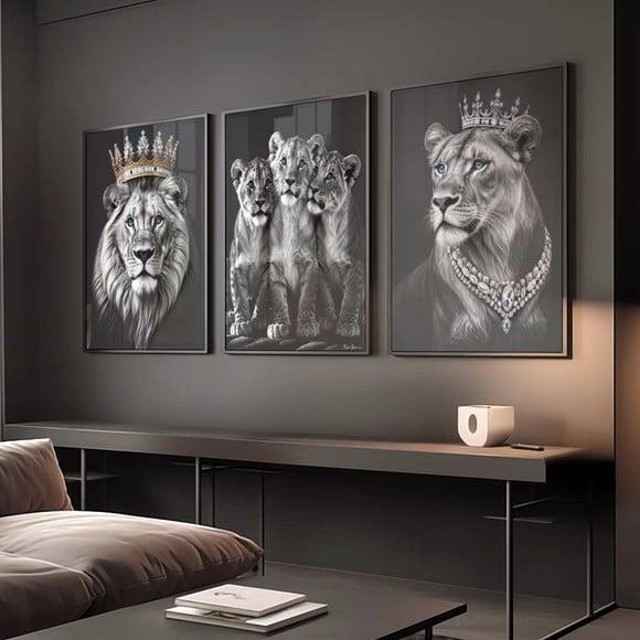 Kit 3 Quadros Decorativos Moldura Família de Leões A2