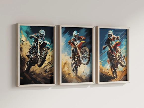Kit 3 Quadros Decorativos Moldura Motocross Radical