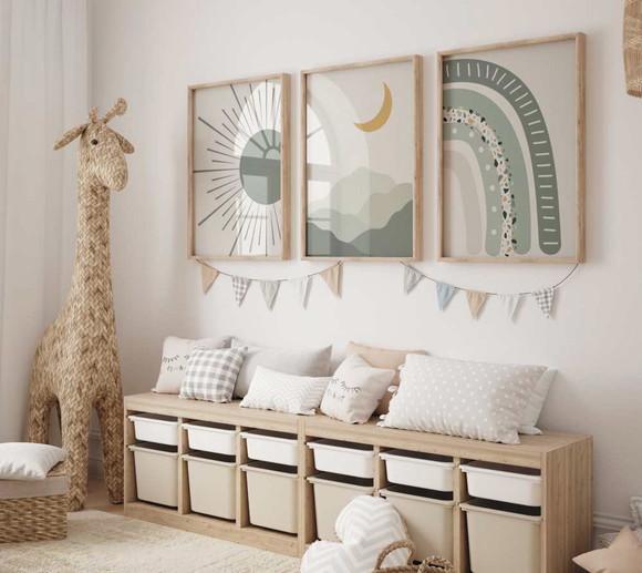 Kit 3 Quadros Decorativos Boho Sol Arco-íris Lua A3