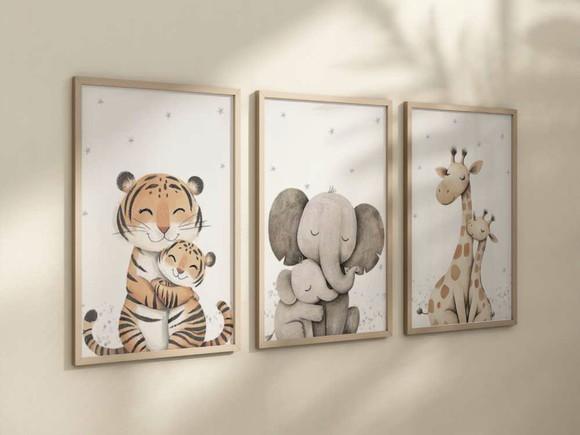 Kit 3 Quadros Decorativos Safari Filhote e Mãe Berçário A4