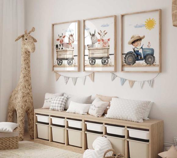 Kit 3 Quadros Decorativo Menino Carrinho Fazendinha A3